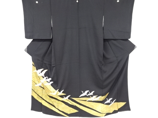 AK-2827 黒留袖 銀駒刺繍 裄66 金箔 鶴 比翼仕立て 五つ紋 正絹 袷